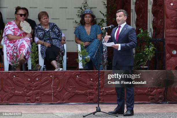 Leader David Seymour speaks at Te Whare Runanga, Waitangi Treaty grounds on February 05, 2023 in Waitangi, New Zealand. The Waitangi Day national...