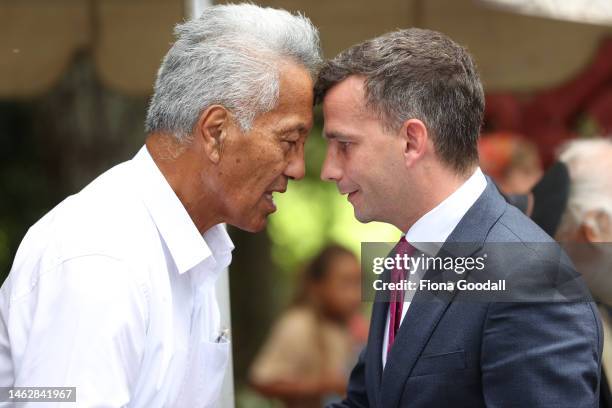 Act leader David Seymour greets with a hongi at Te Whare Runanga, Waitangi Treaty grounds on February 05, 2023 in Waitangi, New Zealand. The Waitangi...