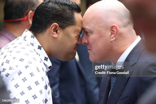 National leader Chris Luxon greets with a hongi at Te Whare Runanga, Waitangi Treaty grounds on February 05, 2023 in Waitangi, New Zealand. The...