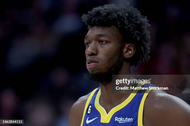 James Wiseman of the Golden State Warriors plays the Denver Nuggets in the second quarter at Ball Arena on February 2, 2023 in Denver, Colorado. NOTE...