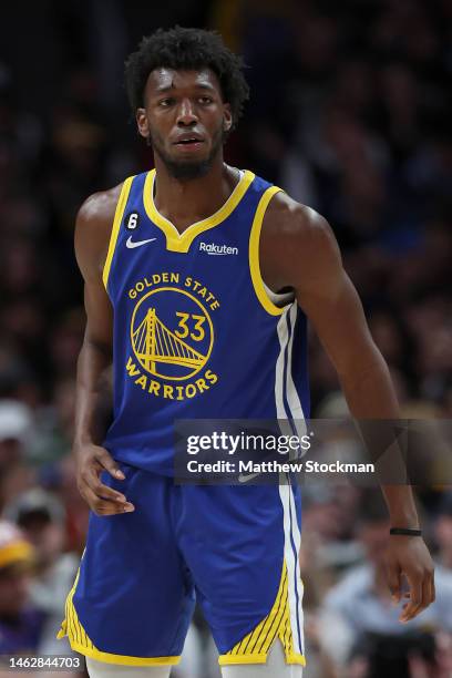 James Wiseman of the Golden State Warriors plays the Denver Nuggets in the fourth quarter at Ball Arena on February 2, 2023 in Denver, Colorado. NOTE...