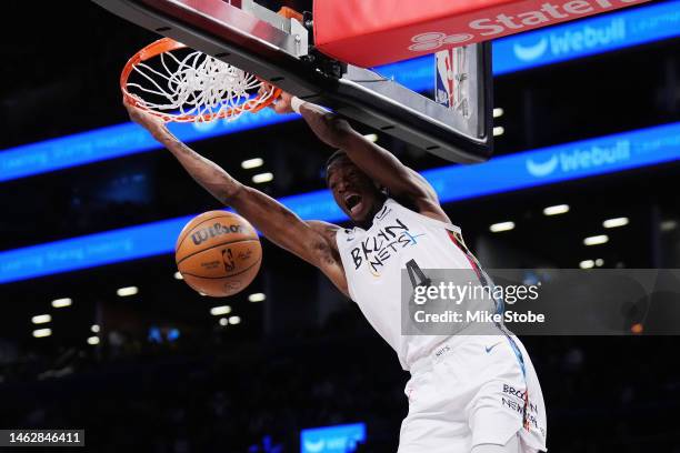 Edmond Sumner of the Brooklyn Nets dunks the ball during the second half against the Washington Wizards at Barclays Center on February 04, 2023 in...