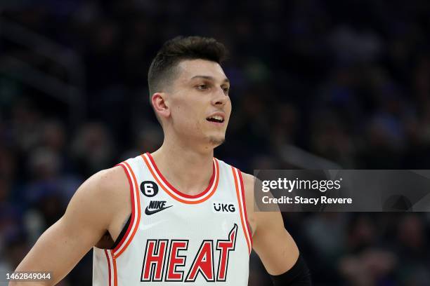 Tyler Herro of the Miami Heat waits for a free throw during the first half of a game against the Milwaukee Bucks at Fiserv Forum on February 04, 2023...