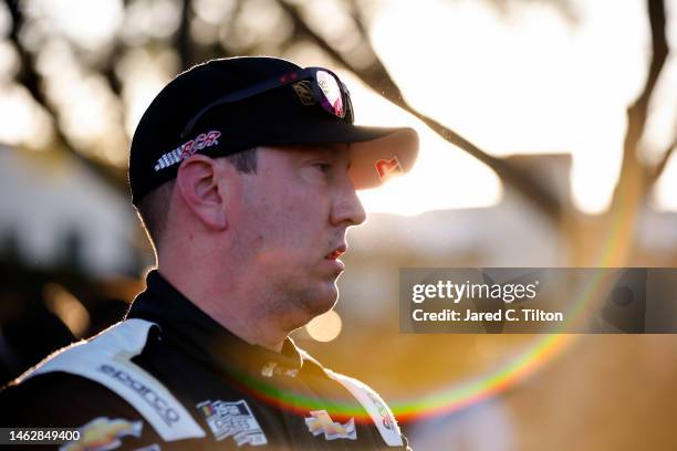 Kyle Busch, driver of the BetMGM Chevrolet, looks on during qualifying for the NASCAR Clash at the Coliseum at Los Angeles Coliseum on February 04,...