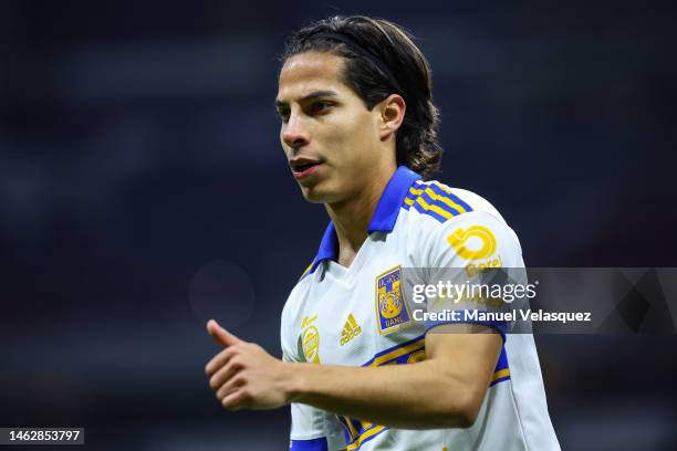 Diego Lainez of Tigres gestures during the 5th round match between Cruz Azul and Tigres UANL as part of the Torneo Clausura 2023 Liga MX at Azteca...