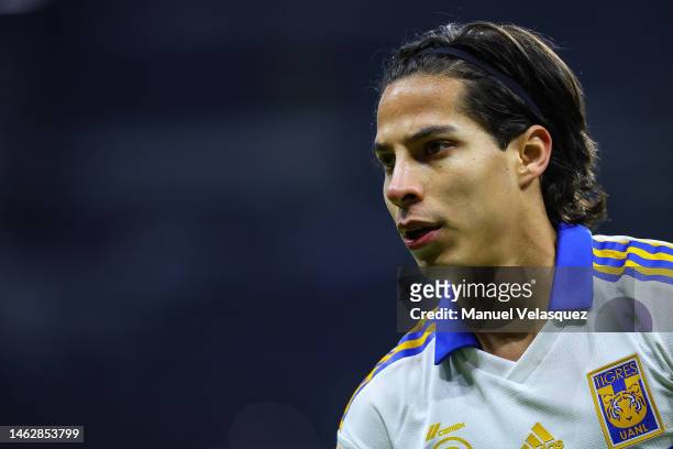 Diego Lainez of Tigres gestures during the 5th round match between Cruz Azul and Tigres UANL as part of the Torneo Clausura 2023 Liga MX at Azteca...