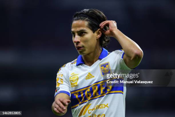 Diego Lainez of Tigres gestures during the 5th round match between Cruz Azul and Tigres UANL as part of the Torneo Clausura 2023 Liga MX at Azteca...