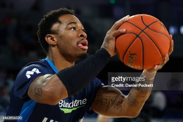 Rayjon Tucker of United warms up before the round 18 NBL match between Melbourne United and Adelaide 36ers at John Cain Arena, on February 05 in...