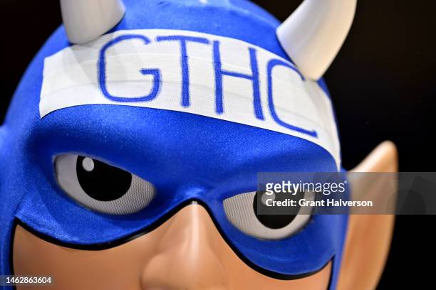 The Duke Blue Devils mascot has a message for the North Carolina Tar Heels during their game at Cameron Indoor Stadium on February 04, 2023 in...