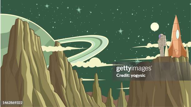 retro style vector astronaut landed on a new planet cartoon stock illustration - alien planet space stock illustrations