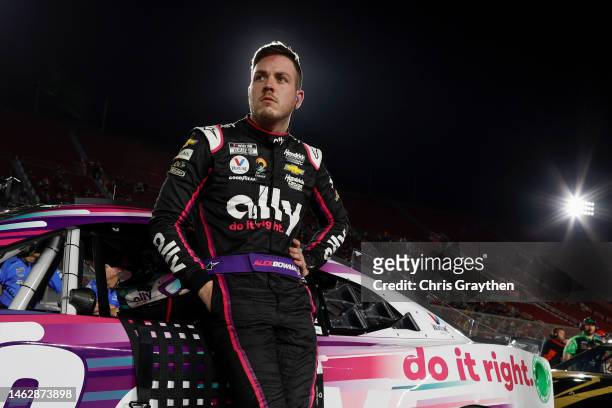 Alex Bowman, driver of the Ally Chevrolet, looks on during qualifying for the NASCAR Clash at the Coliseum at Los Angeles Coliseum on February 04,...