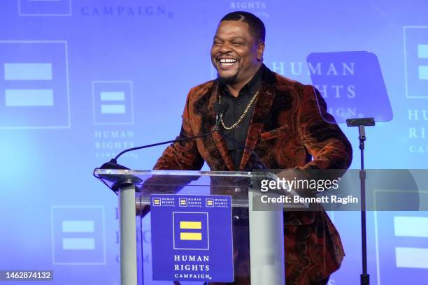 Kehinde Wiley accepts the National Equality Award onstage at the Human Rights Campaign 2023 Greater New York Dinner at Marriott Marquis Times Square...