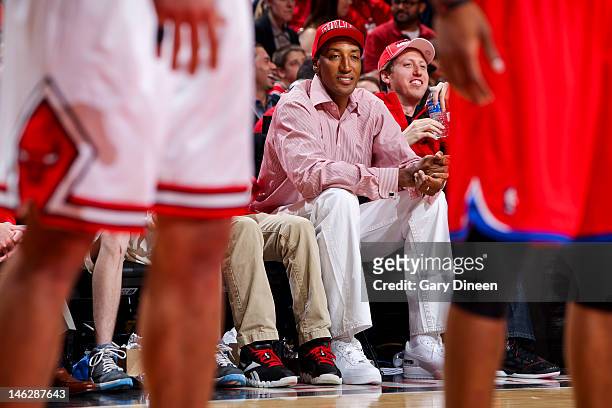 Legend Scottie Pippen attends Game Two of the Eastern Conference Quarterfinals between the Philadelphia 76ers and Chicago Bulls during the 2012 NBA...