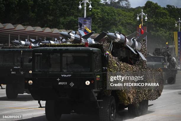 Mobile loading long-range rockets platform of the Venezuelan Army is seen during a rehearsal parade within the framework of the Independence Day...