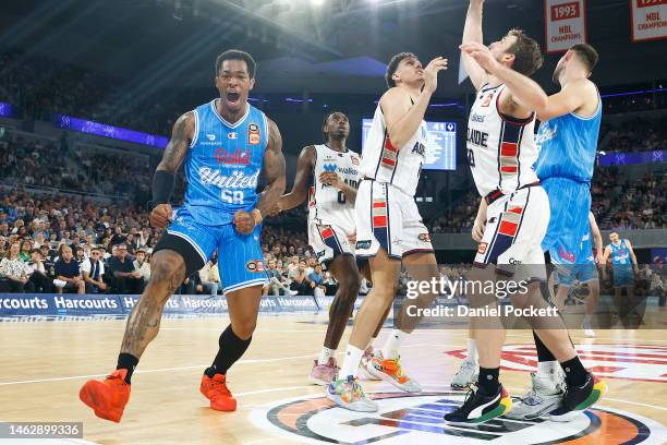 Rayjon Tucker of United celebrates a basket during the round 18 NBL match between Melbourne United and Adelaide 36ers at John Cain Arena, on February...