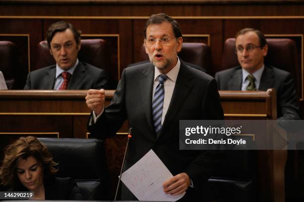 Spanish Prime Minister Mariano Rajoy speaks during a parliamentary Q&A session on June 13, 2012 in Madrid, Spain. Spain has requested financial...