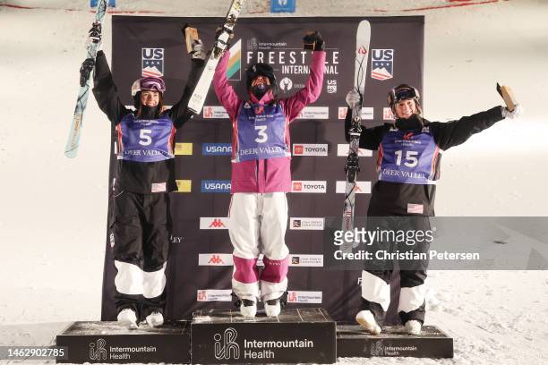 Jaelin Kauf of Team United States in second place, Perrine Laffont of Team France in first place, and Hannah Soar of Team United States in third...