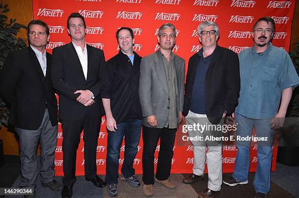 Writers Greg Plageman, Jonathan Nolan, Aaron Korsh, David Shore, Peter Tolan and Vince Gilligan attend Variety's A Night In The Writers Room...