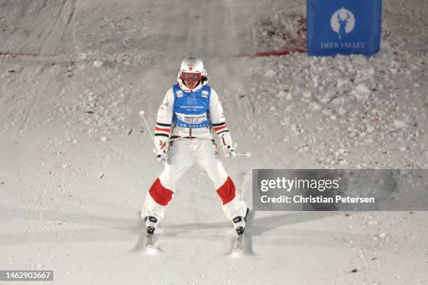 Mikael Kingsbury of Team Canada crosses the finish line to win the Men's Dual Moguls Finals on day three of the Intermountain Healthcare Freestyle...