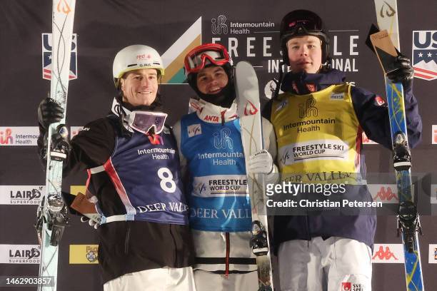 Matt Graham of Team Australia in second place, Mikael Kingsbury of Team Canada in first place, and Walter Wallberg of Team Sweden in third place...