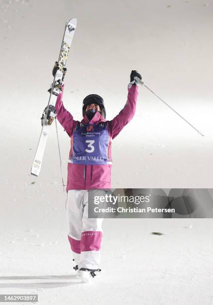 Perrine Laffont of Team France celebrates after winning the Women's Dual Moguls Finals on day three of the Intermountain Healthcare Freestyle...