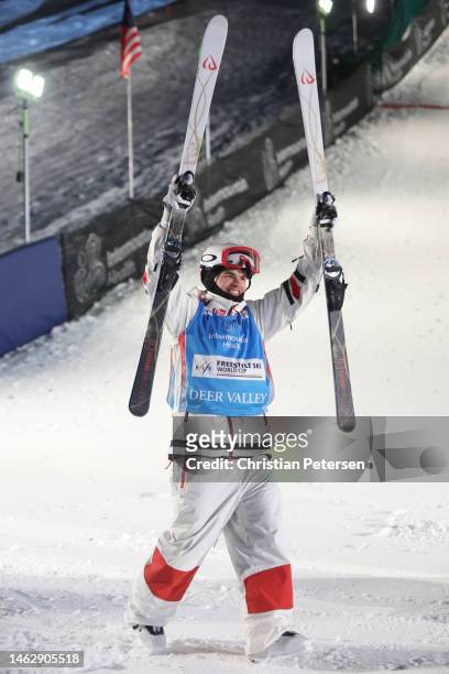 Mikael Kingsbury of Team Canada celebrates after winning the Men's Dual Moguls Finals on day three of the Intermountain Healthcare Freestyle...