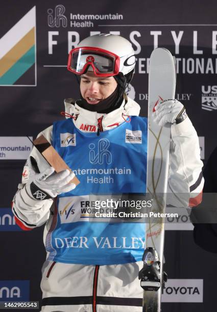 Mikael Kingsbury of Team Canada celebrates after winning the Men's Dual Moguls Finals on day three of the Intermountain Healthcare Freestyle...