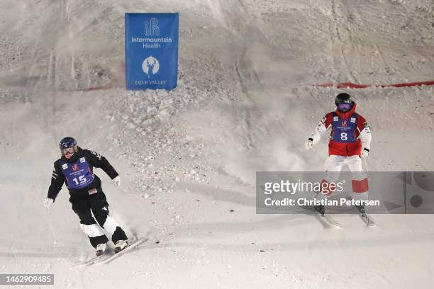 Hannah Soar of Team United States crosses the finish line ahead of Rino Yanagimoto of Team Japan to finish in third place in the Women's Dual Moguls...