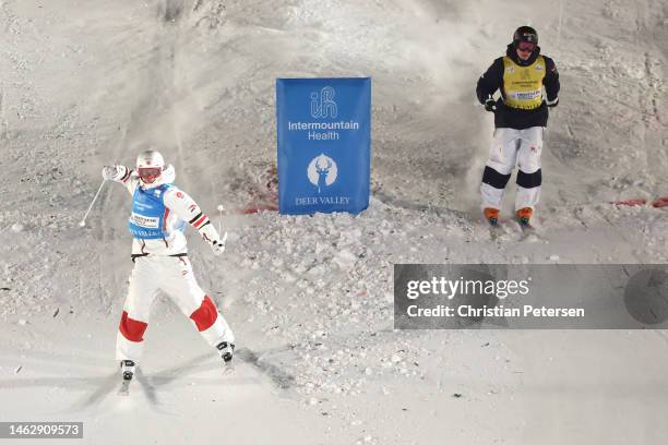 Mikael Kingsbury of Team Canada crosses the finish line ahead of Walter Wallberg of Team Sweden to win their semi final match during the Men's Dual...