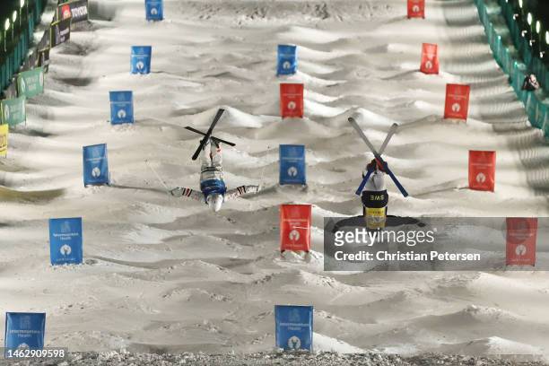 Mikael Kingsbury of Team Canada competes against Walter Wallberg of Team Sweden in the semi final match during the Men's Dual Moguls Finals on day...