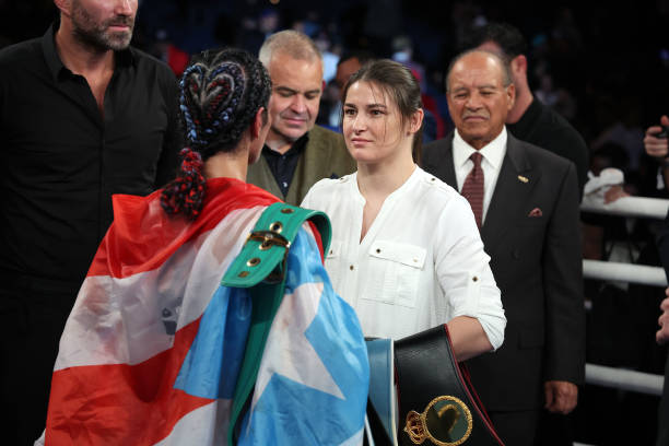Amanda Serrano and Katie Taylor pose in the ring after her fight against Erika Cruz at The Hulu Theater at Madison Square Garden on February 04, 2023...