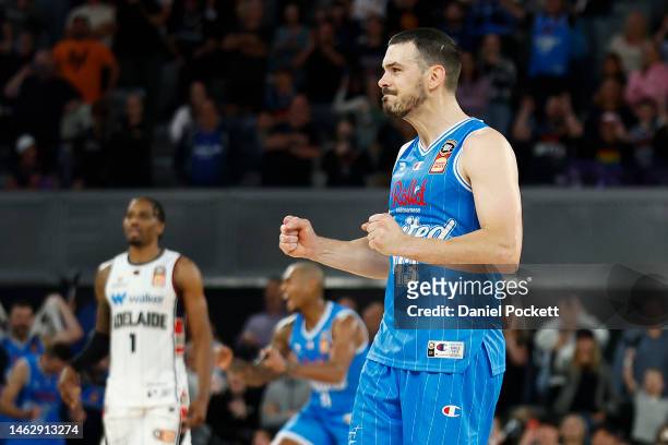 Chris Goulding of United celebrates winning the round 18 NBL match between Melbourne United and Adelaide 36ers at John Cain Arena, on February 05 in...