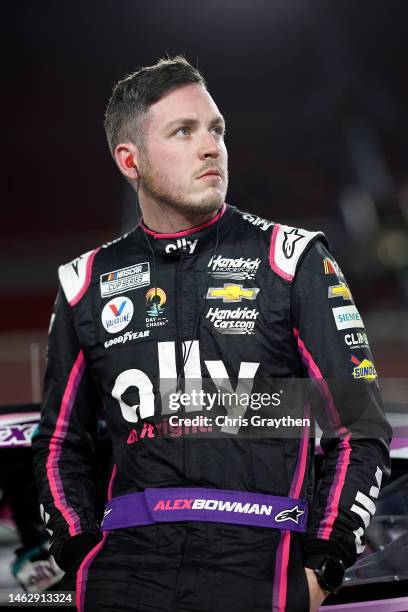 Alex Bowman, driver of the Ally Chevrolet, looks on during qualifying for the NASCAR Clash at the Coliseum at Los Angeles Coliseum on February 04,...