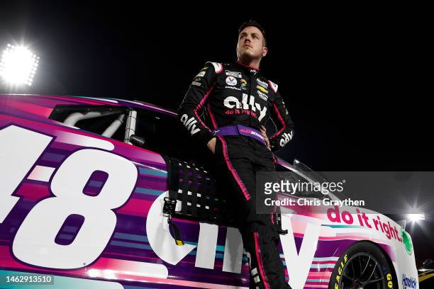 Alex Bowman, driver of the Ally Chevrolet, looks on during qualifying for the NASCAR Clash at the Coliseum at Los Angeles Coliseum on February 04,...