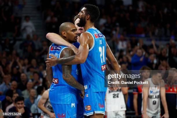 Xavier Rathan-Mayes of United celebrates a basket during the round 18 NBL match between Melbourne United and Adelaide 36ers at John Cain Arena, on...