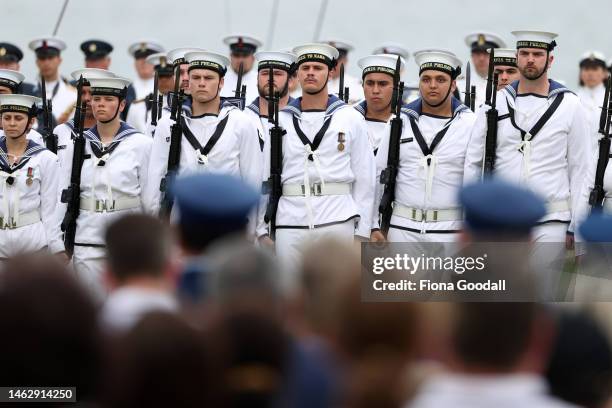 Navy crew march in the Beat the Retreat ceremony at the Waitangi Treaty grounds in the on February 05, 2023 in Waitangi, New Zealand. The Waitangi...
