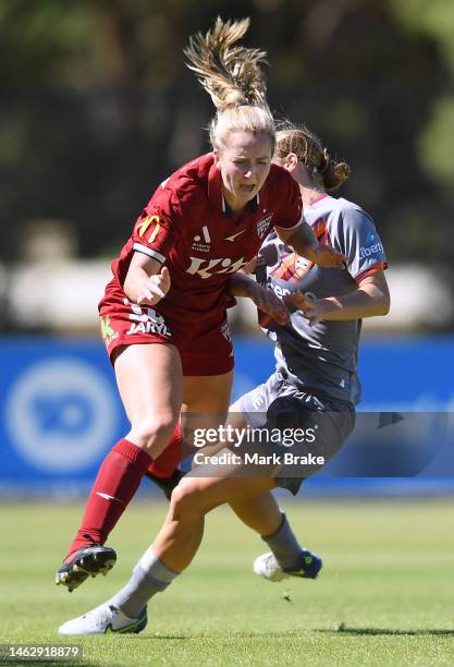 Katie Bowler of Adelaide United collides with Camilla Rankin of the Brisbane Roar during the round 13 A-League Women's match between Adelaide United...