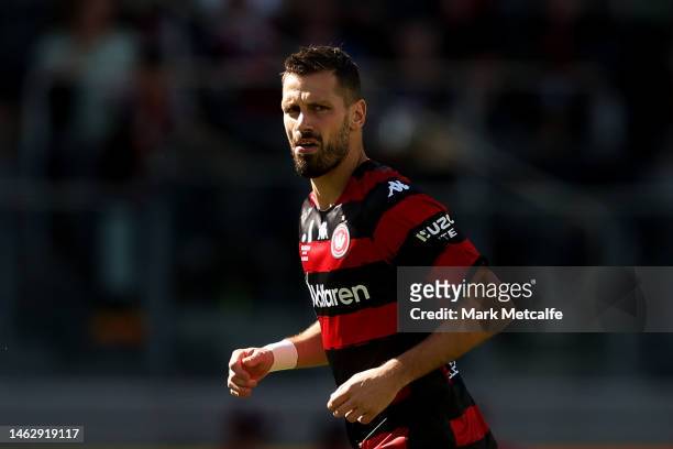 Morgan Schneiderlin of the Wanderers looks on during the round 15 A-League Men's match between Western Sydney Wanderers and Western United at...