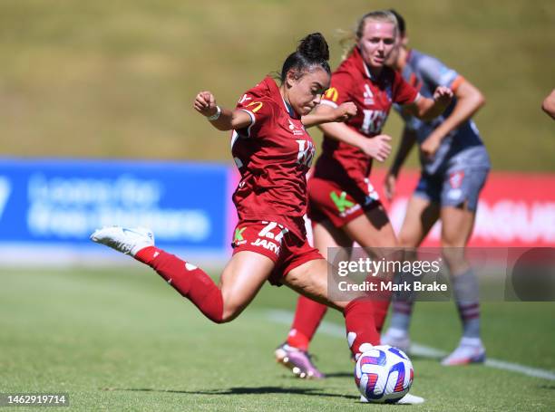 Emilia Murray of Adelaide United shoots for goal during the round 13 A-League Women's match between Adelaide United and Brisbane Roar at ServiceFM...