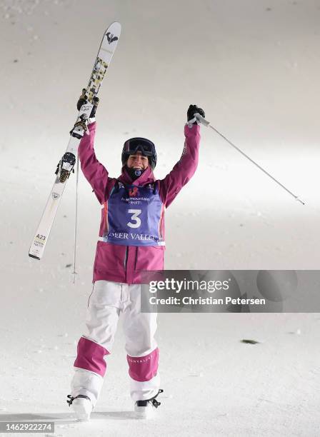 Perrine Laffont of Team France celebrates after winning the Women's Dual Moguls Finals on day three of the Intermountain Healthcare Freestyle...