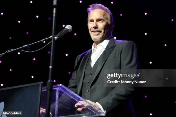 Kevin Costner speaks onstage during the Pre-GRAMMY Gala & GRAMMY Salute to Industry Icons Honoring Julie Greenwald and Craig Kallman on February 04,...