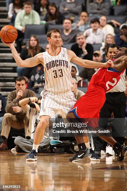 Matt Carroll of the Charlotte Bobcats looks for an opening against the Philadelphia 76ers during the game at the Time Warner Cable Arena on February...
