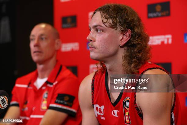 John Rillie, head coach of the Wildcats and Luke Travers address the media following the round 18 NBL match between Perth Wildcats and Sydney Kings...