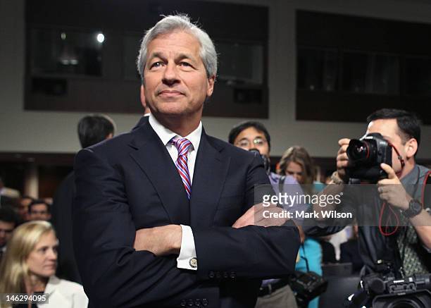 President and CEO of JPMorgan Chase Co. Jamie Dimon arrives to testify before a Senate Banking Committee hearing on Capitol Hill June 13, 2012 in...