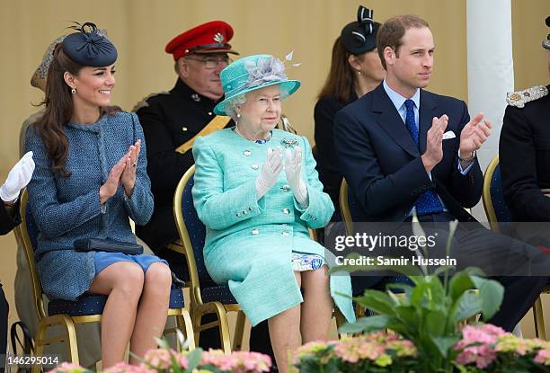 Catherine, Duchess of Cambridge, Queen Elizabeth II and Prince William, Duke of Cambridge attend Vernon Park during a Diamond Jubilee visit to...