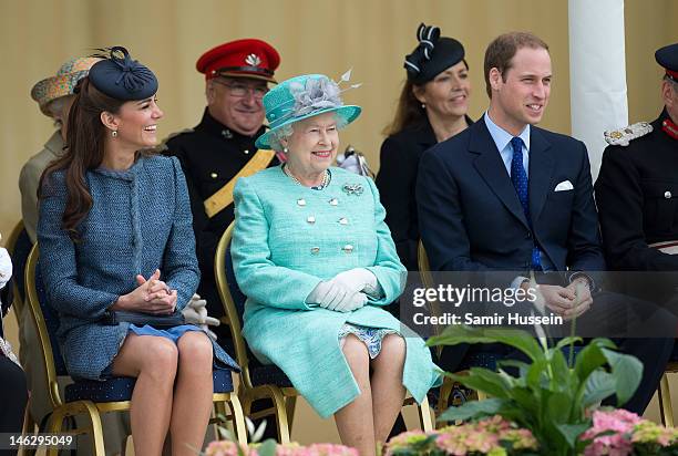 Catherine, Duchess of Cambridge, Queen Elizabeth II and Prince William, Duke of Cambridge attend Vernon Park during a Diamond Jubilee visit to...