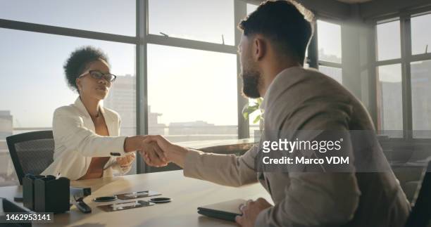 handshake, acquisition or business people investment deal, b2b contract agreement or client negotiation meeting. human resources, office hiring welcome or lawyer job interview with african hr manager - lawyer handshake stock pictures, royalty-free photos & images