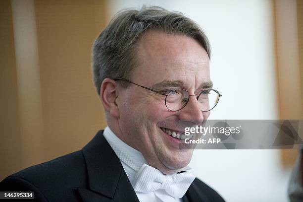 Linus Torvalds from Finland speaks after being awarded the 2012 Millennium Technology Prize in Helsinki on June 13, 2012. The Millennium Technology...