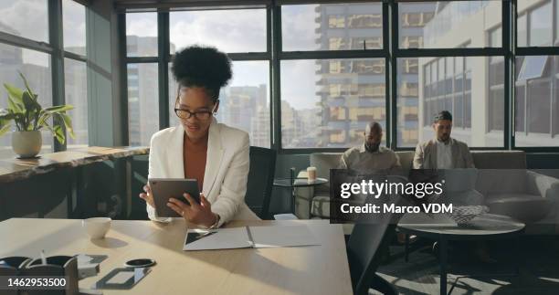 tablet, african and business woman typing feedback review of financial portfolio, stock market investment or economy. coworking space, forex account manager and trader trading nft or crypto - employee feedback stock pictures, royalty-free photos & images