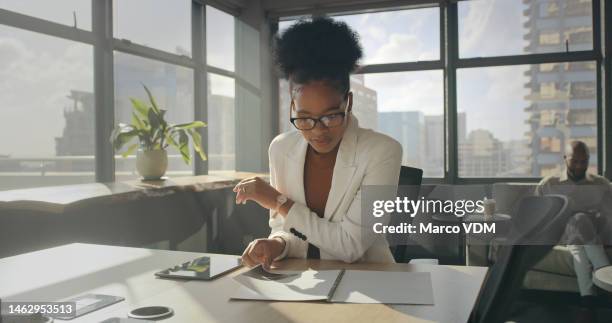 finance, budget and black woman with documents, paper and financial review for company startup. accounting, corporate or girl worker reading report for planning, kpi strategy and data analytics - business people and paper imagens e fotografias de stock